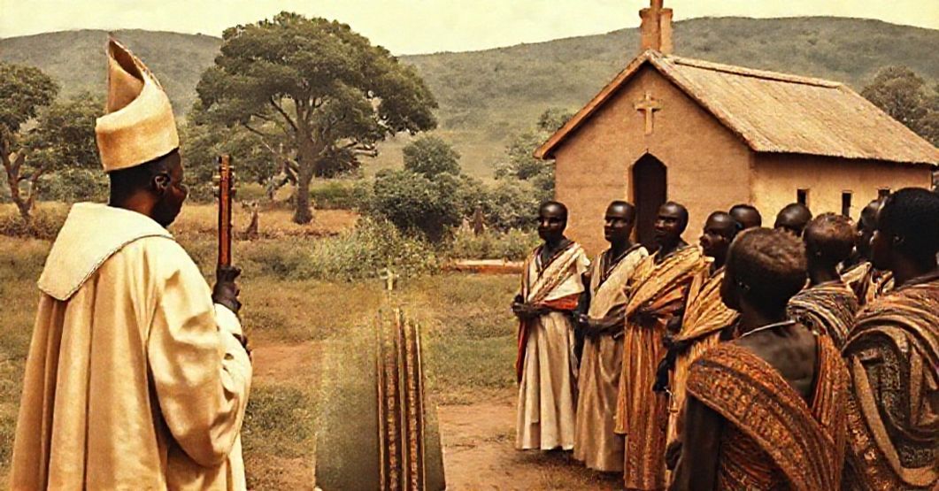 Traditional Catholic missionary scene in British East and West Africa, 1960, showing a priest with a crucifix before African natives.