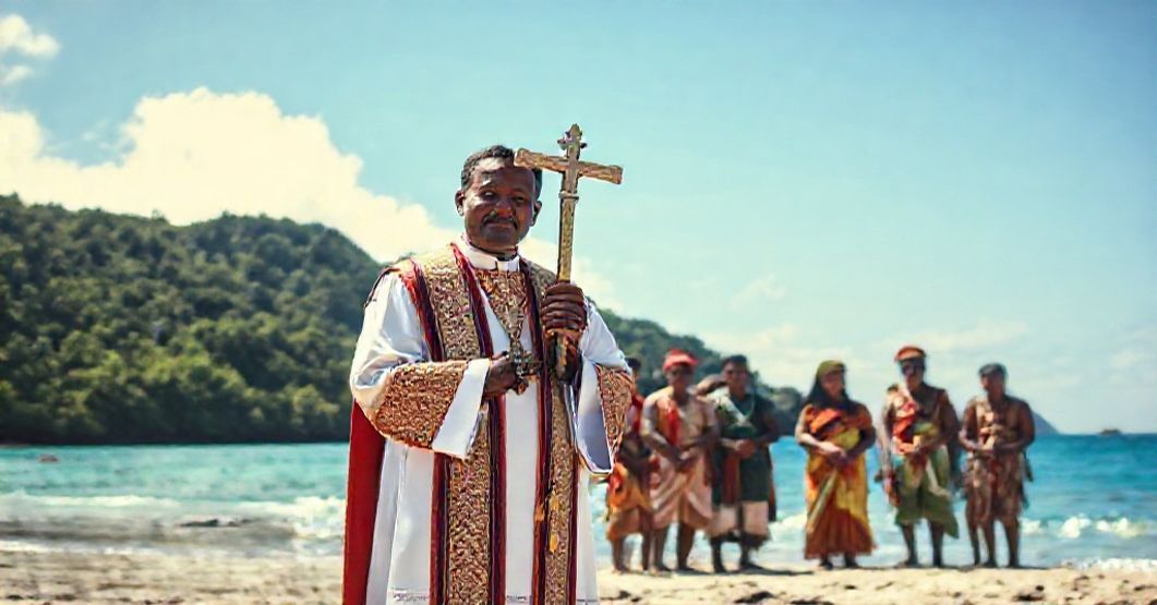 A Catholic priest in traditional vestments with indigenous people on the shore of the Solomon Islands, symbolizing missionary work.