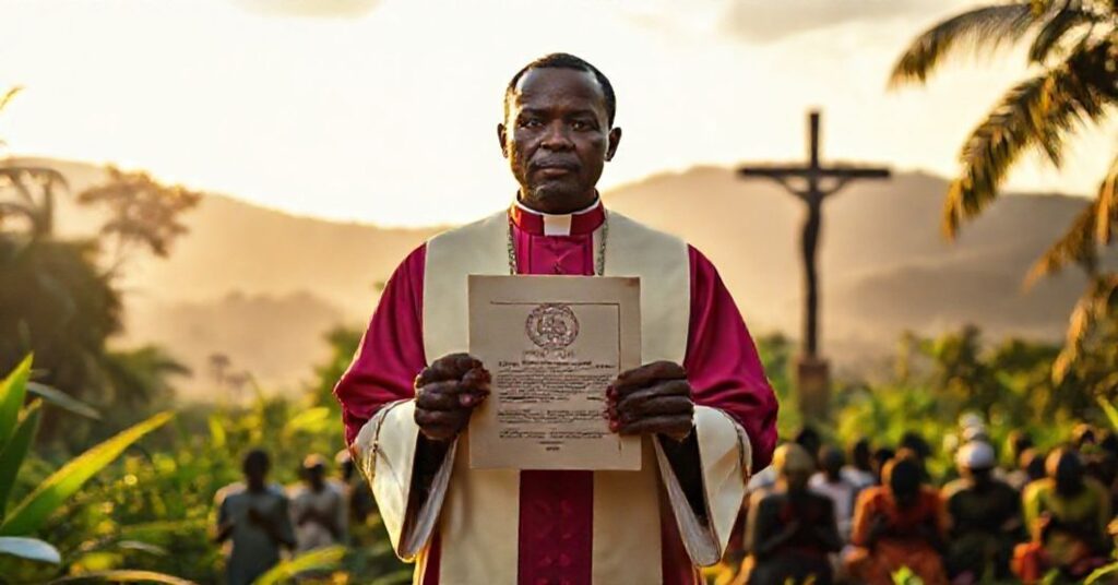 A Catholic priest in traditional vestments holds a parchment with the seal of the Vicariate of Goma (1959) in Central Africa, surrounded by kneeling faithful under a crucifix.