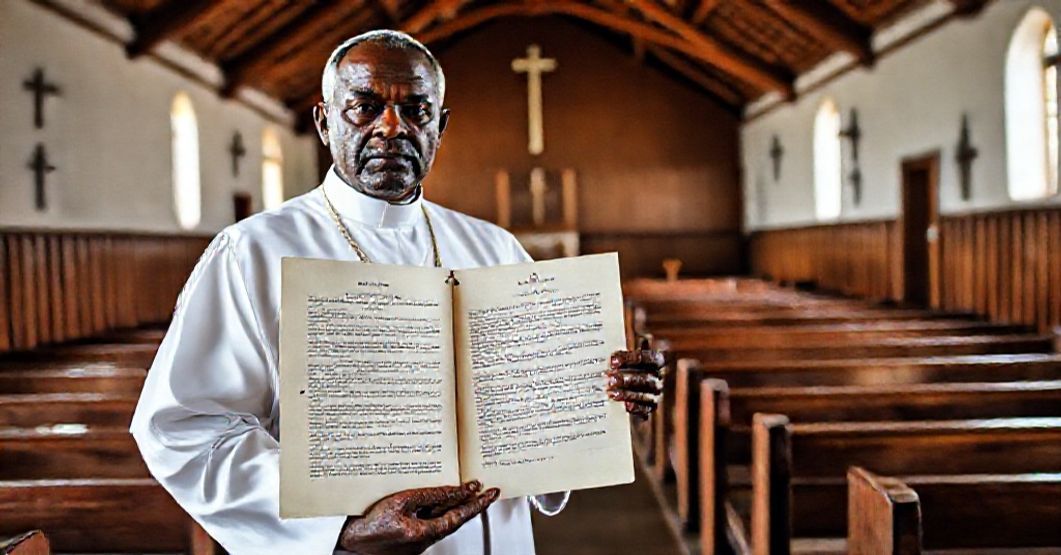 Catholic Priest in Berberati Holding Historical Document A Catholic priest in a wooden church in Berberati, holding a Latin document detailing the division of the diocese.