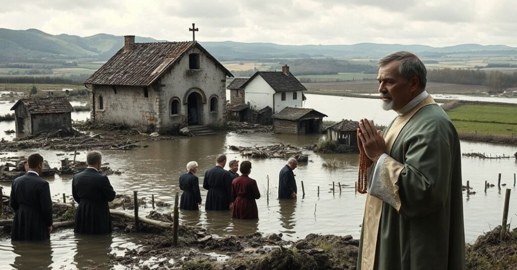 A traditional Catholic priest offering spiritual consolation to villagers amidst the flooded Polesine region in 1960.