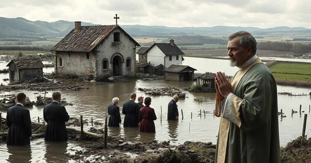 A traditional Catholic priest offering spiritual consolation to villagers amidst the flooded Polesine region in 1960.