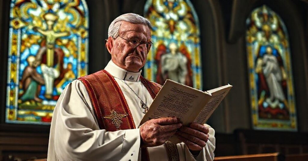 A traditional Catholic priest in 1960s attire stands solemnly in a dimly lit chapel holding Ioannes XXIII's allocution on priestly virtues.
