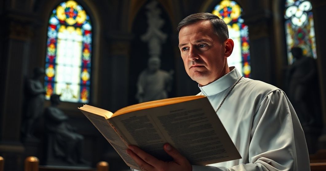 A traditional Catholic priest in a chapel holding a Latin missal, surrounded by classical statues, symbolizing the importance of Latin in the Catholic Church.