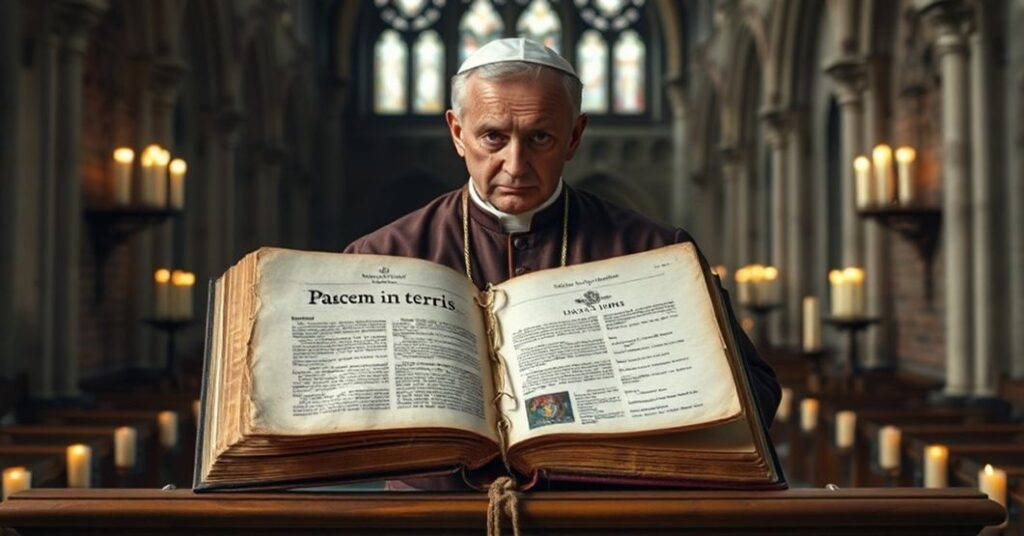 Traditional Catholic priest in full vestments holding a torn page of the Pacem in terris encyclical, revealing modern elements like the United Nations emblem and human rights documents, set in a somber medieval cathedral.
