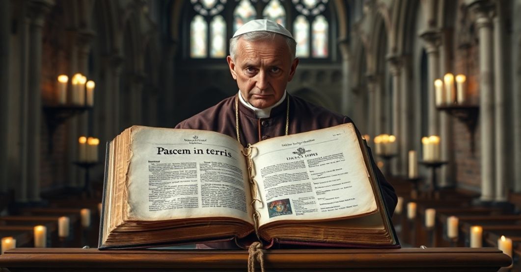 Pacem in terris: A Catholic Critique of Human Rights and Globalism Traditional Catholic priest in full vestments holding a torn page of the Pacem in terris encyclical, revealing modern elements like the United Nations emblem and human rights documents, set in a somber medieval cathedral.