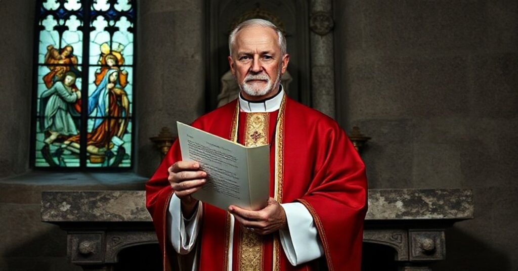 A traditional Catholic priest holding a letter from John XXIII before an altar with the Immaculate Heart of Mary statue.