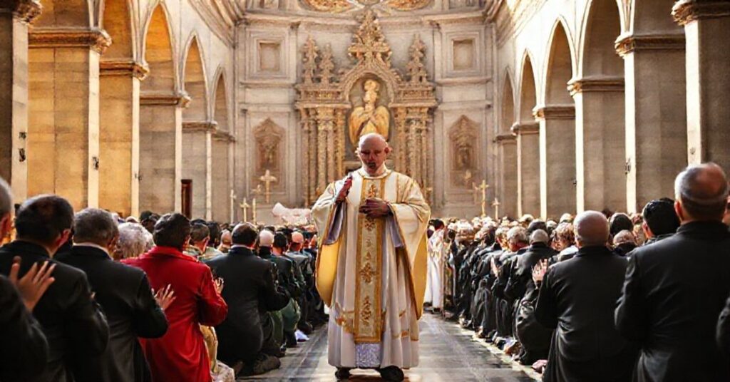 A traditional Catholic procession in front of the Basilica of Saint Mercurialis in Forlì, Italy, led by a bishop with faithful kneeling in reverence.