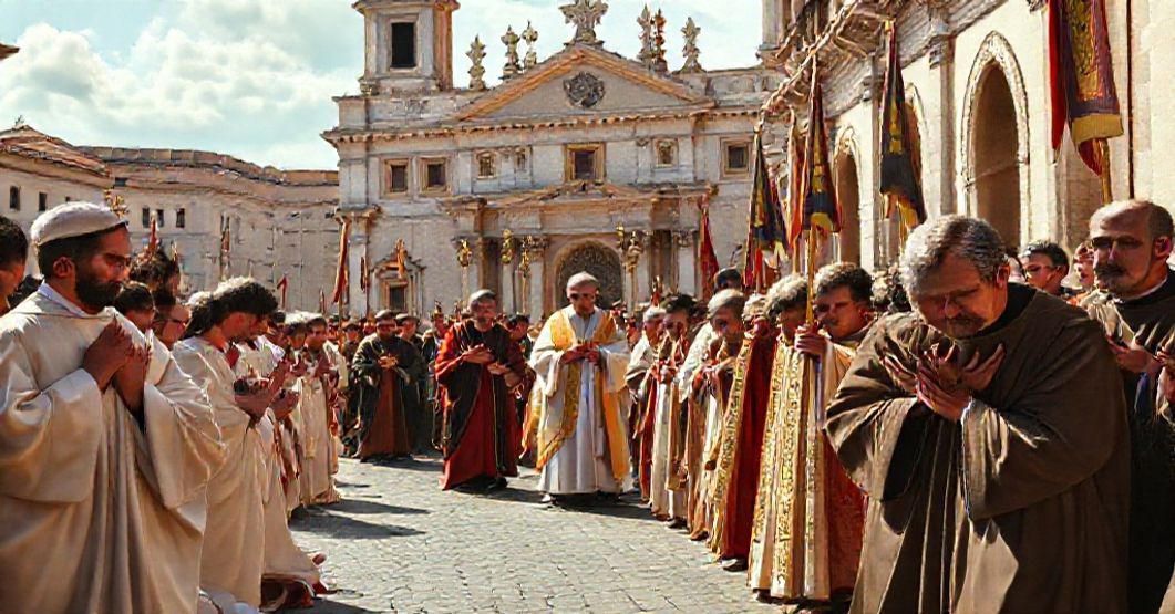 Honoring Saint Paul's Arrival in Rome - A Catholic Procession A solemn Catholic procession honoring Saint Paul the Apostle in Rome, led by a bishop in full liturgical vestments, with faithful kneeling in prayer before the Basilica of Saint Paul Outside the Walls.