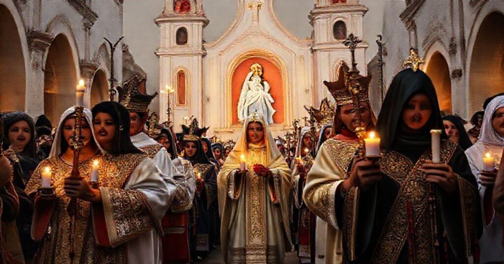 A solemn Catholic procession in Jujuy, Argentina, honoring the Blessed Virgin Mary of the Most Holy Rosary of Río Blanco as the principal heavenly patroness.