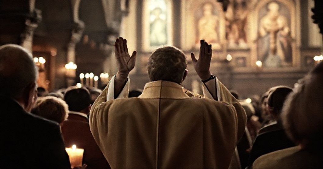 Traditional Catholic Ruthenian Byzantine liturgy in Munich, Germany, 1959. Priest in liturgical vestments with faithful congregation in solemn candlelit church.