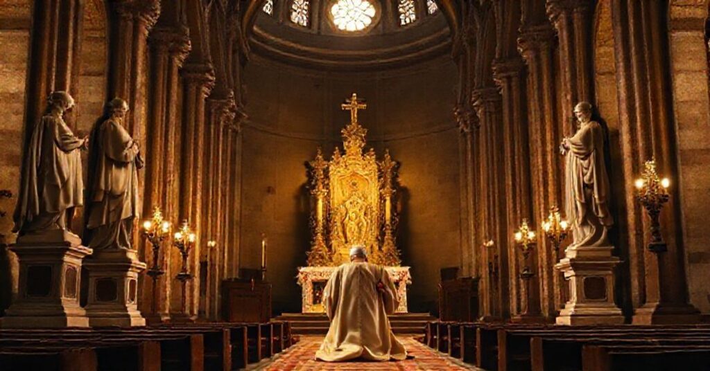 Solemn image of Cesena Cathedral with a bishop kneeling in prayer, reflecting traditional Catholic piety and the betrayal of the Faith under a counterfeit authority.