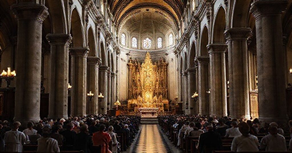 Interior of Cesena Cathedral, a Minor Basilica, showcasing its Romanesque architecture and devotional atmosphere.