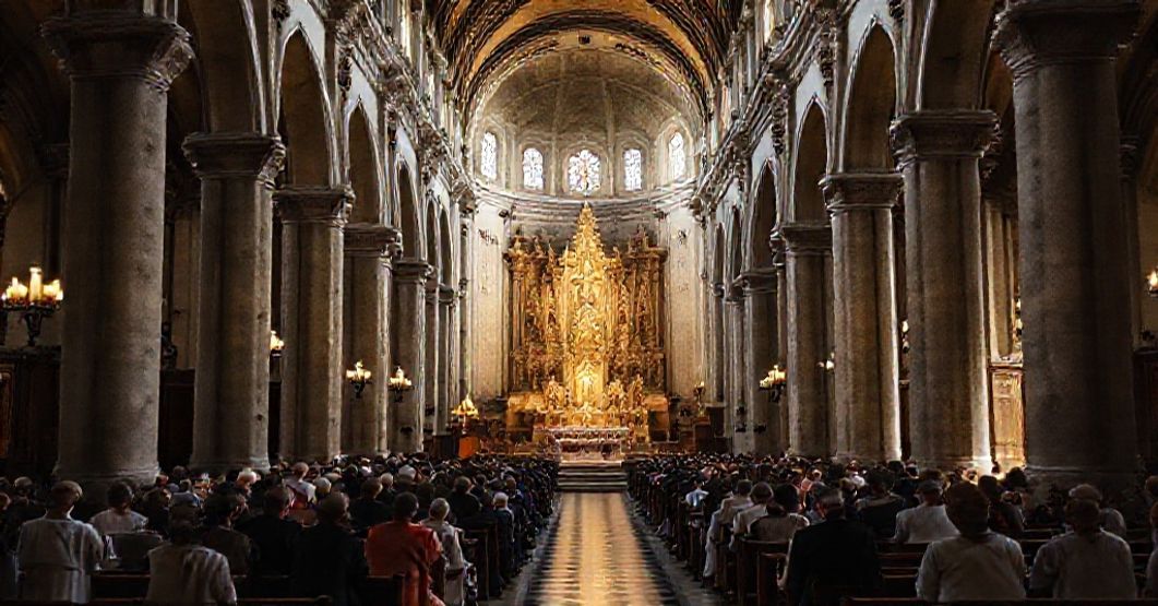 Interior of Cesena Cathedral, a Minor Basilica, showcasing its Romanesque architecture and devotional atmosphere.