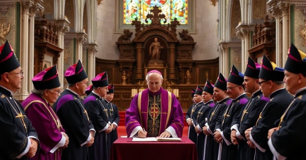 A traditional Mexican cathedral scene showing the installation of a collegiate chapter in Chihuahua, with canons in liturgical vestments and 'John XXIII' signing a decree.