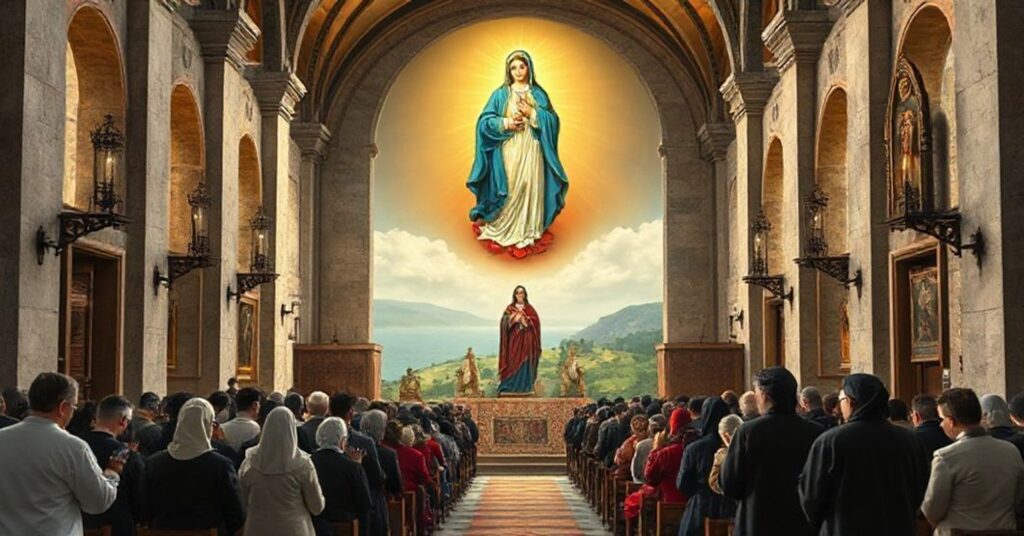 A reverent depiction of the church of the Blessed Virgin Mary of the Seven Sorrows in Pescara, showcasing Marian devotion and traditional Catholic piety.