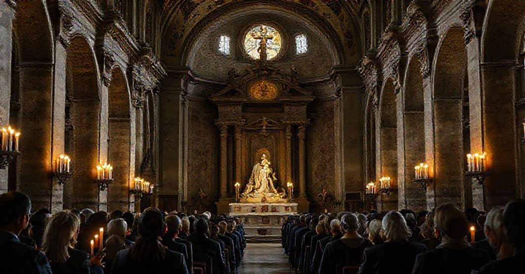 Historic Church of Saint Mercurialis in Forlì, Italy, with devout faithful in prayer, reflecting traditional Catholic devotion and solemnity.
