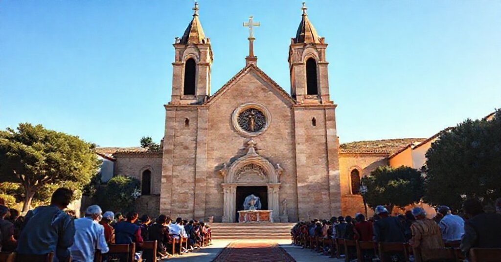 Church of St. Charles Borromeo in Carmel, California, with pilgrims praying at the tomb of Bl. Junípero Serra under a blue sky.