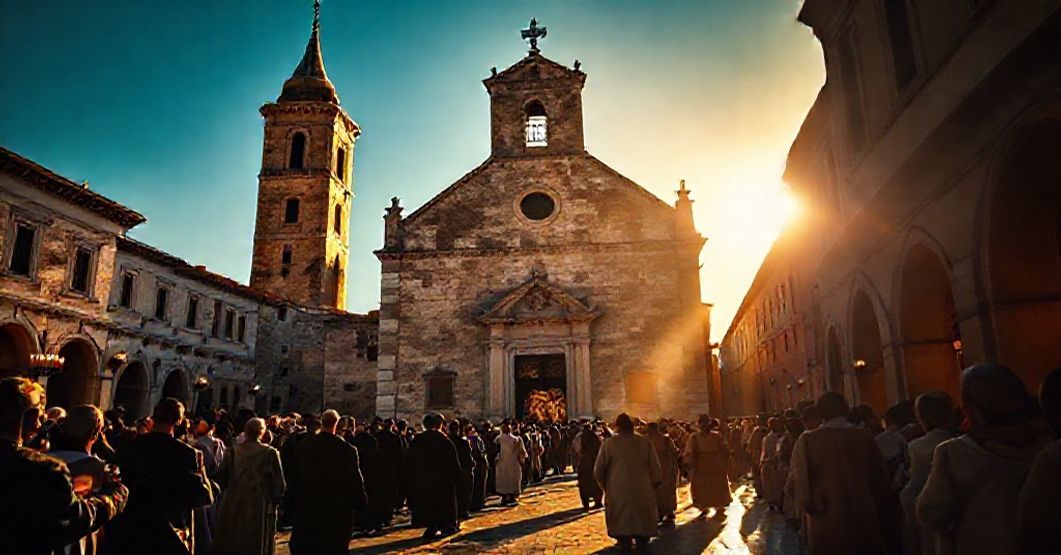 A reverent image of the church of St. Mercurialis in Forlì, Italy, with a traditional Catholic procession of pilgrims approaching its ancient stone facade.