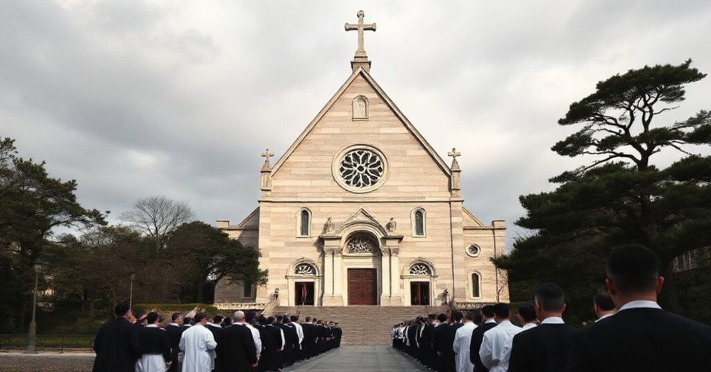 Church of the Assumption of the Blessed Virgin Mary in Hiroshima, Japan, 1959 - a solemn depiction of traditional Catholic presence amidst historical context.