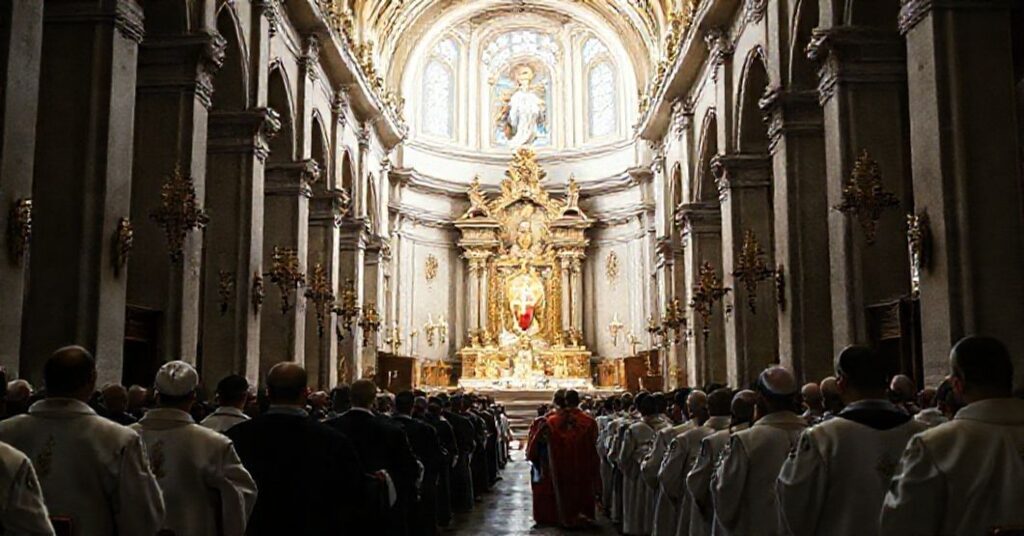 A solemn Catholic scene depicting the church of the Immaculate Heart of Mary in Rome elevated to minor basilica status, with a procession of faithful Catholics.