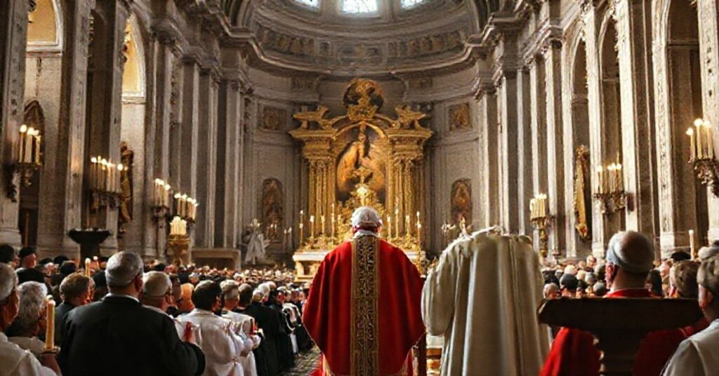 Reverent depiction of Giovanni Roncalli (John XXIII) addressing clergy and laity during the closing of the first diocesan synod of Rome in 1960, inside a majestic Roman basilica.