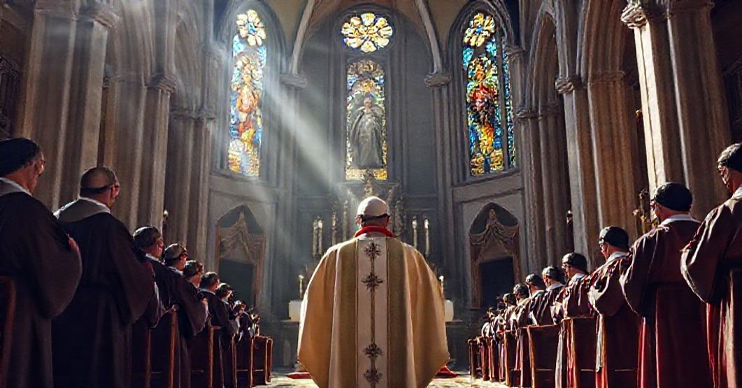 A solemn Catholic bishop in traditional vestments stands before the altar of the co-cathedral of the Blessed Virgin Mary in Vigo, Spain. Surrounded by canons in choir dress and bathed in sunlight streaming through stained-glass windows, he reflects on the pastoral care described in the Apostolic Constitution 'Tudensis'.