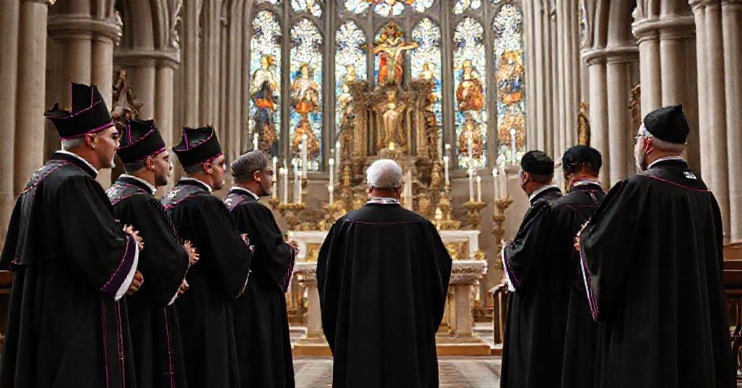 A traditional Catholic scene depicting the erection of a collegiate chapter of canons in the metropolitan cathedral of Chihuahua.