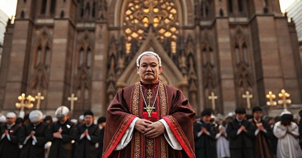 Archbishop Tatsuo Doi standing before a newly constructed church in Tokyo surrounded by faithful Catholics.