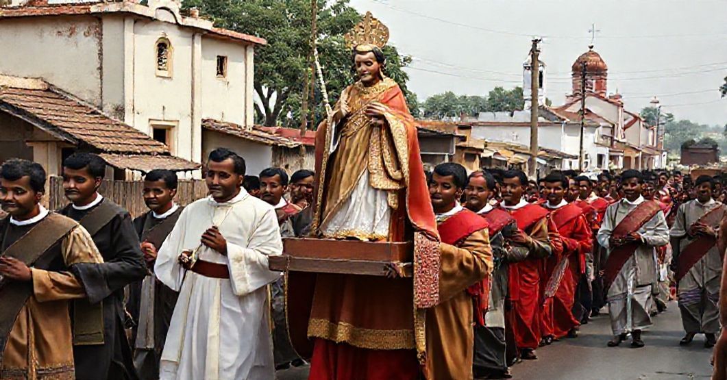 Catholic procession in Cuttack honoring St. Vincent de Paul as patron, reflecting theological crisis under John XXIII's authority.