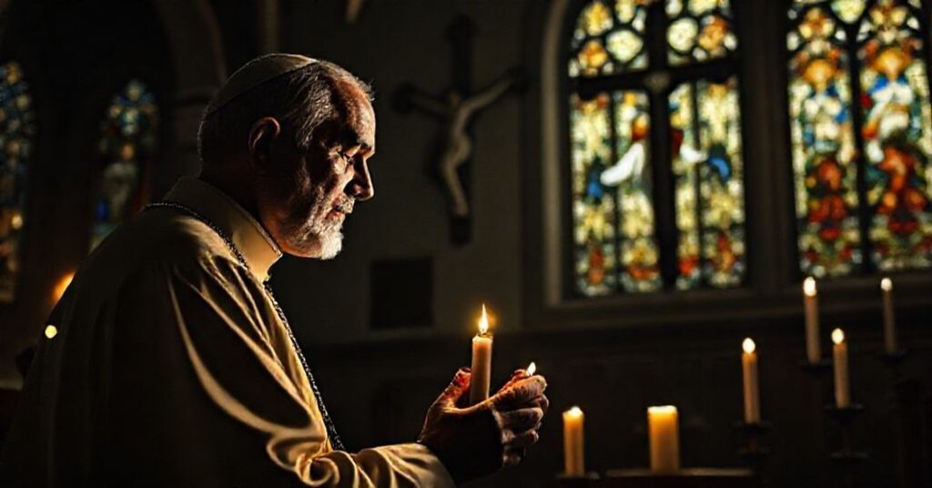 A reverent portrait of a traditional Catholic priest kneeling in prayer before a crucifix in a dimly lit church.