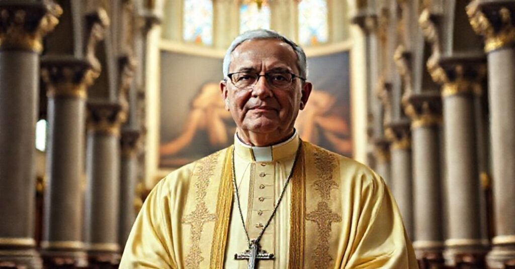 A reverent portrait of Archbishop Jaime de Barros Câmara in a Brazilian cathedral, symbolizing the false piety and doctrinal emptiness of conciliar flattery.