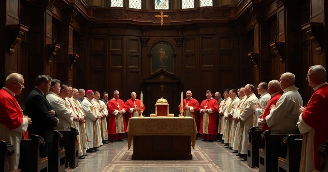 Traditional Catholic church interior with a portable altar surrounded by clerics from the 1958 conclave, reflecting spiritual privilege and institutional favoritism.
