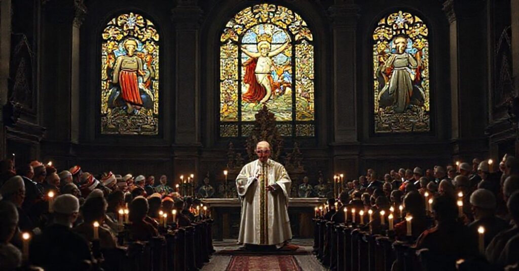 A solemn assembly of bishops and prelates in a traditional Catholic church, with Ioannes Roncalli (John XXIII) at the center discussing the 1962 motu proprio 'Appropinquante Concilio'.
