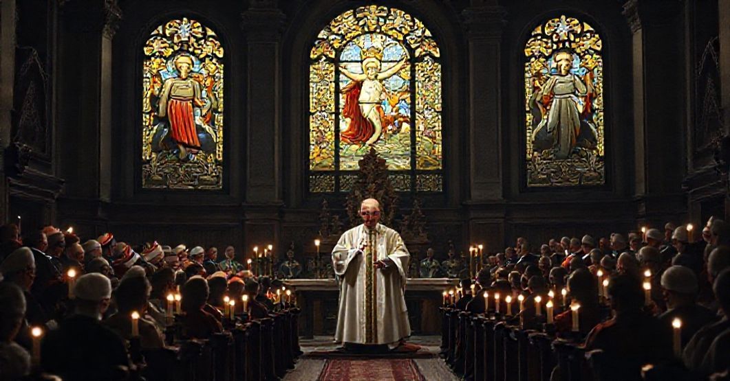 A solemn assembly of bishops and prelates in a traditional Catholic church, with Ioannes Roncalli (John XXIII) at the center discussing the 1962 motu proprio 'Appropinquante Concilio'.