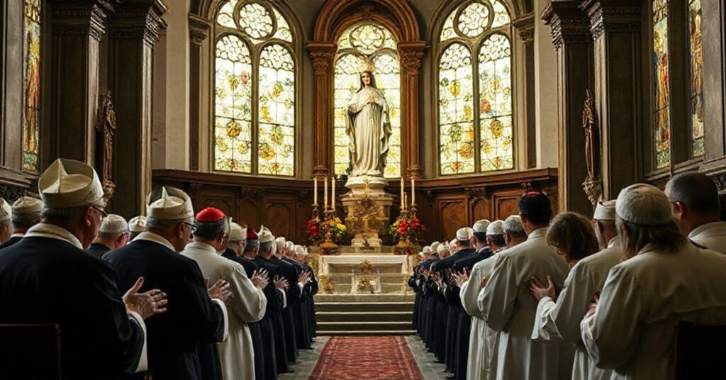 A group of bishops, clergy, and laity praying the rosary in a traditional Catholic church with a statue of the Virgin Mary.