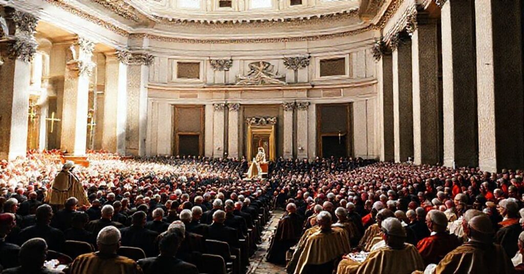 A solemn gathering of Catholic bishops and cardinals in a grand Vatican hall during Vatican II, reflecting the theological and ecclesiastical upheaval of the conciliar revolution.