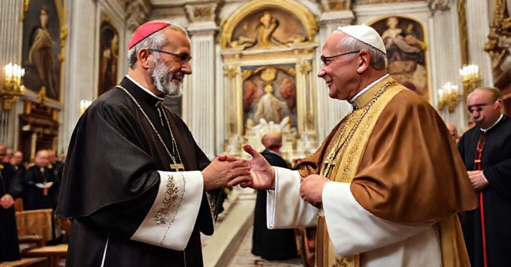 Venerable Brother Clemente Micara being congratulated by John XXIII in a traditional Catholic setting.
