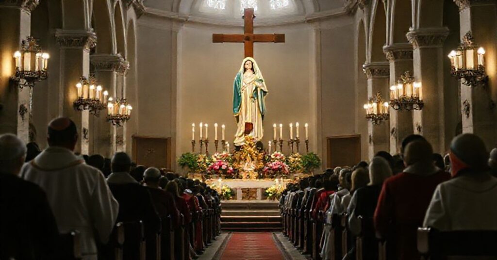 A solemn Catholic liturgical scene depicting the consecration of a diocese to Our Lady of Fatima under Bishop Agustín Herrera.