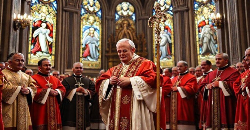 Coronation of John XXIII in a traditional Catholic basilica with cardinals and clergy.