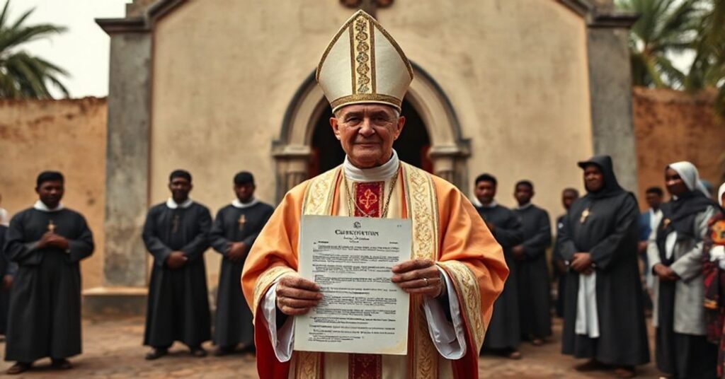 A solemn Catholic bishop in traditional vestments stands before a colonial-era church in Berberati, French Equatorial Africa, holding the 1959 'Berberatensi' constitution.