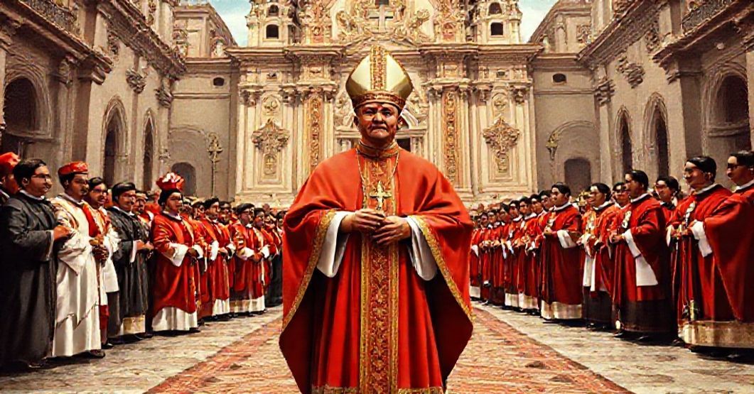 A solemn image depicting the creation of the Diocese of Mazatlán in 1958, with a traditional Catholic bishop in full liturgical regalia surrounded by clergy and faithful.