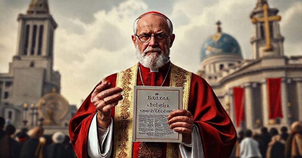 A solemn image depicting the false teachings of antipope John XXIII's encyclical Mater et Magistra.