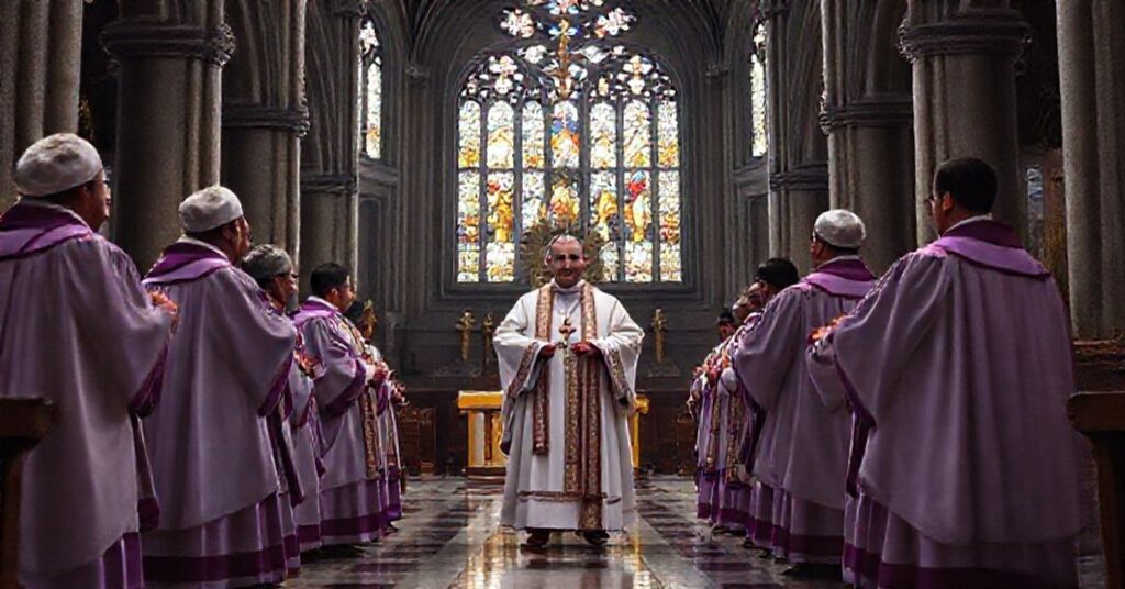 A reverent depiction of a cathedral chapter in Culiacán, Mexico, following the 1959 apostolic constitution 'Culiacanensis,' reflecting traditional Catholic liturgy and hierarchy.