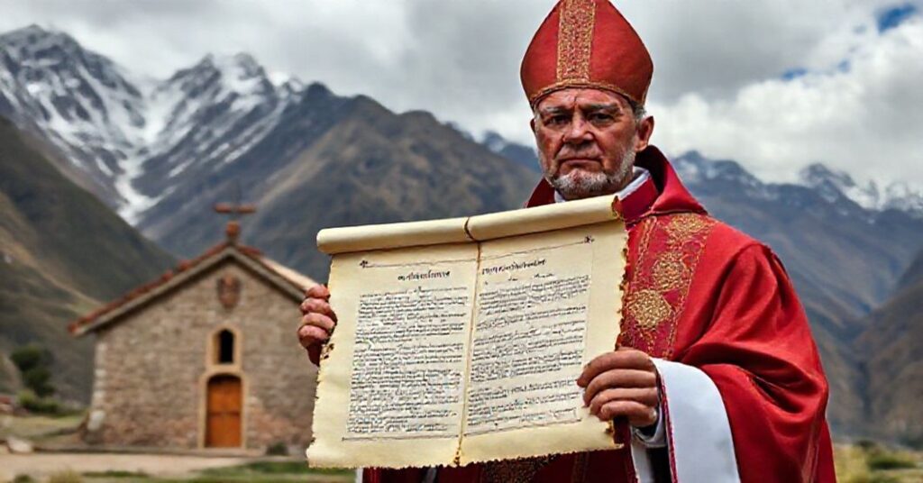 Catholic bishop holding 'CUSCHENSIS (SICUANENSIS)' document in Andean highlands near Sicuani, Peru