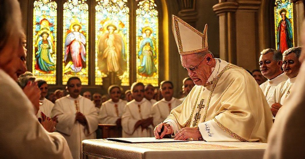 A traditional Catholic bishop solemnly signing a decree declaring Our Lady of Guadalupe of Extremadura as the principal patroness of the Diocese of Imma Tellus and Point-à-Pitre in a reverent cathedral setting.
