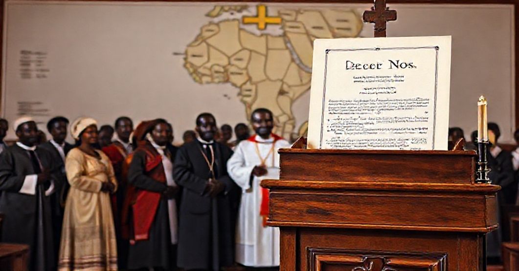 A reverent Catholic scene depicting the rebranding of the Delegation of Dakar to the Delegation of West Africa in 1960.