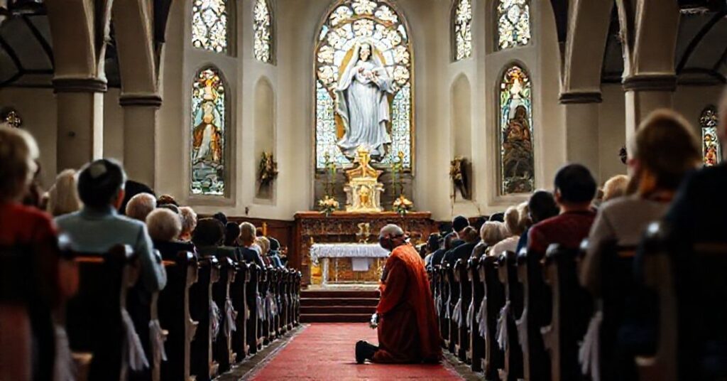 A traditional Catholic church in Wollongong with a devout congregation praying before a statue of the Immaculate Heart of Mary.