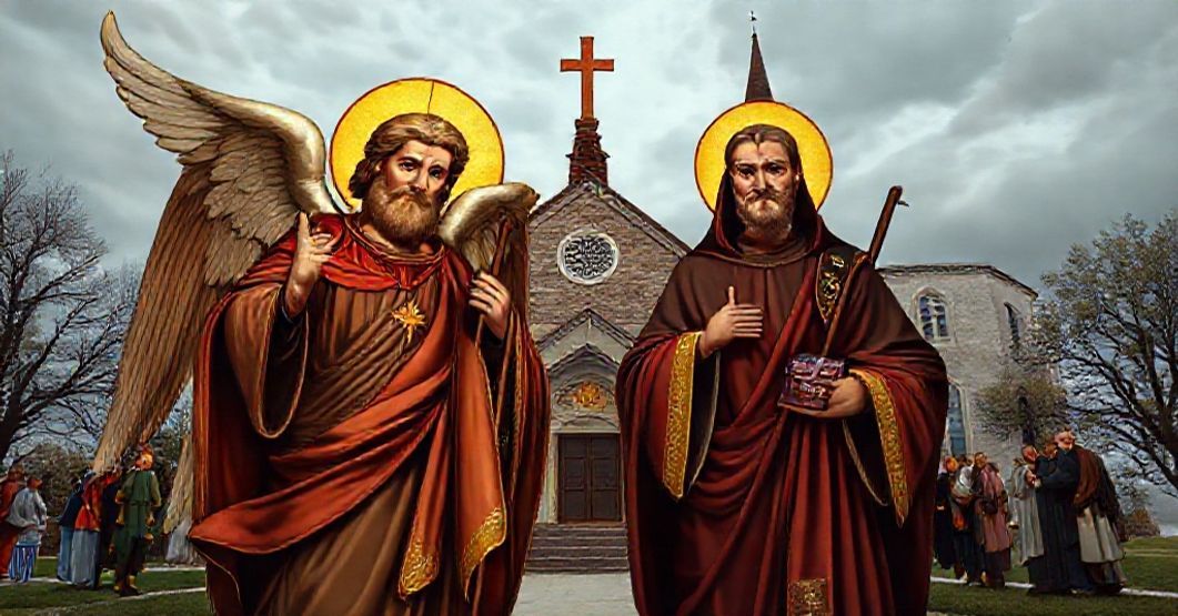 Saint Raphael the Archangel and Saint John Mary Vianney depicted in a traditional Catholic setting, symbolizing divine patronage and spiritual protection.