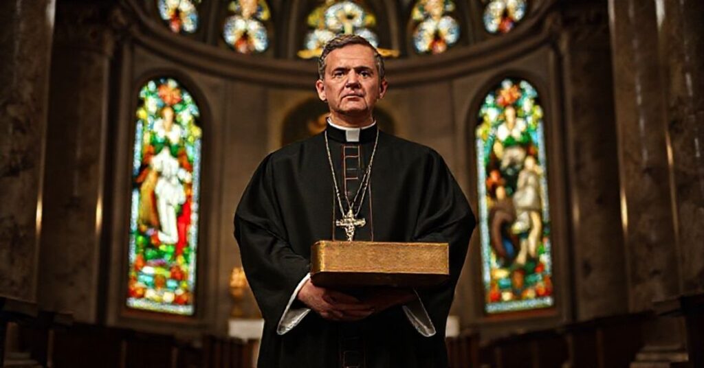 A solemn Catholic priest in a traditional chapel with a portable altar, reflecting the themes of authority and spiritual privilege in Divini pastoris by John XXIII.